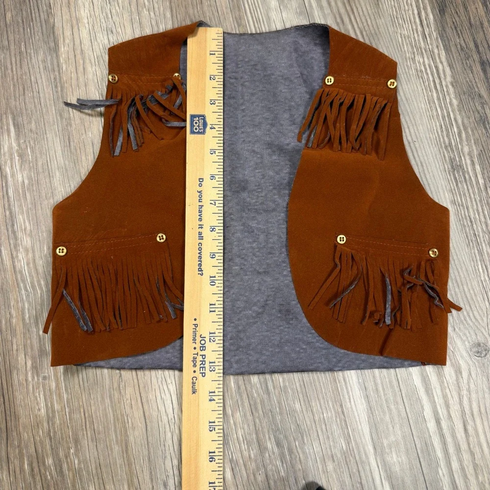 Kids Brown Vintage Faux Suede Western Fringe Vest Cowboy Cowgirl Costume Studded